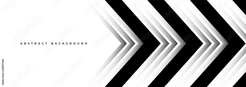 Abstract vector arrows background. White and black dynamic arrows with shadows on wide abstract banner. Vector illustration