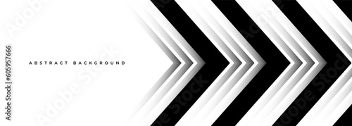 Abstract vector arrows background. White and black dynamic arrows with shadows on wide abstract banner. Vector illustration