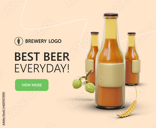 Banner with 3d bottles of beer. Concept of main page of site for ale store in pink colors. Best beer every day. Drink from natural products. Flat vector illustration