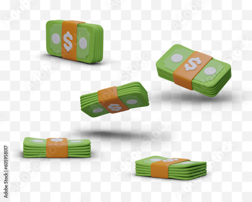 Realistic bundles of greenbacks tied with ribbon. Set of 3D stacks of dollars. Icons for applications, sites, advertising design. Illustrations in cartoon style