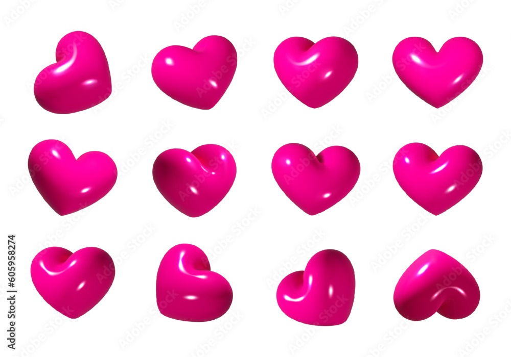 3D hearts set in various rotation positions, glossy shiny red or pink vector objects in heart shape, isolated on white background. Ideal for love, romantic, and Valentine's Day designs