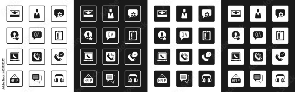 Set Telephone 24 hours support, Question and Answer, Elected employee, Stacks paper money cash, Online quiz, test, survey, Employee, handset and icon. Vector Set Telephone 24 hours support, Question and Answer, Elected employee, Stacks paper money cash, Online quiz, test, survey, Employee, handset and icon. Vector