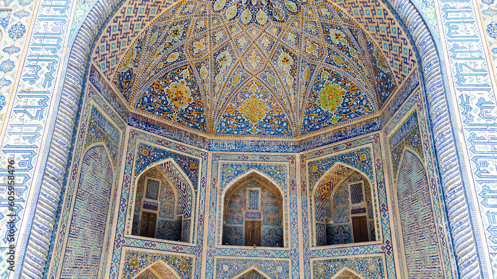 Islamic ornaments on Mosque in Registan Square in Samarkand Uzbekistan