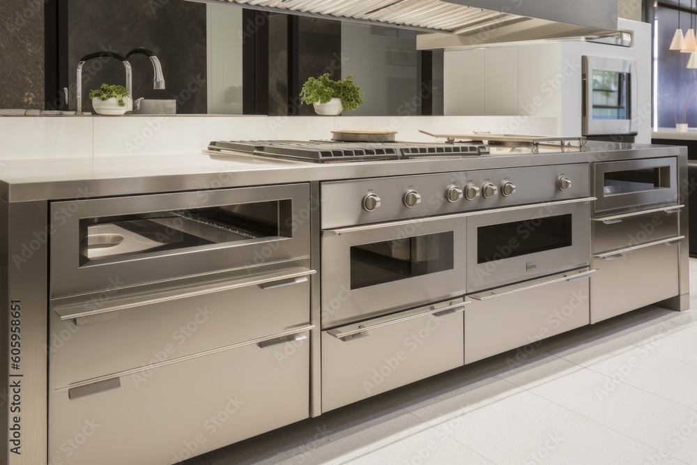 Fototapeta premium custom-built cooking station with sleek, modern design and stainless steel elements, created with generative ai