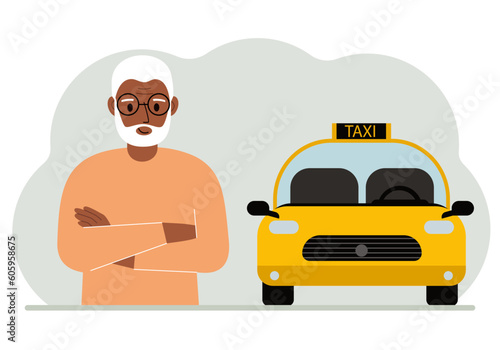A old man with his arms crossed near a yellow taxi car. Vector