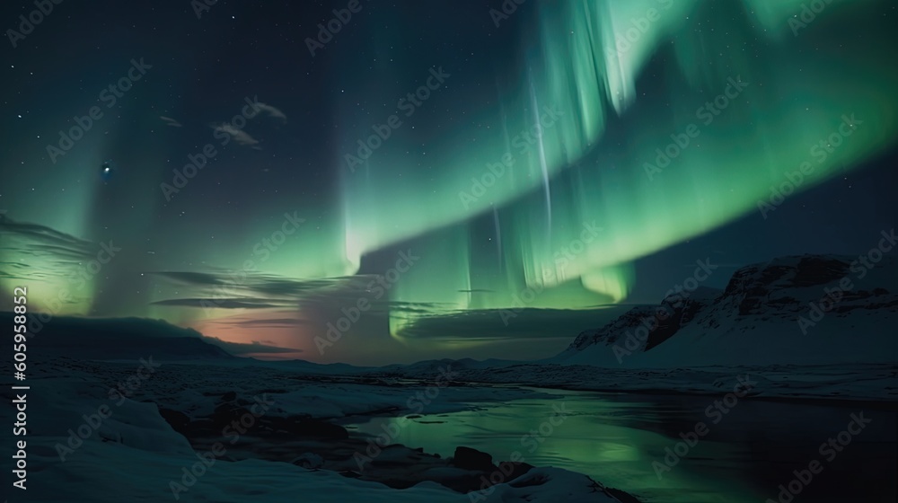 Witness the celestial phenomenon of the Northern Lights in Iceland, where shimmering curtains of green, blue. Generated by AI.