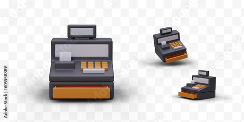 Realistic cartoon 3d cash machine. Calculator for counting money, issuing check. Tool for financier and accountant. Vector illustration in black and orange colors