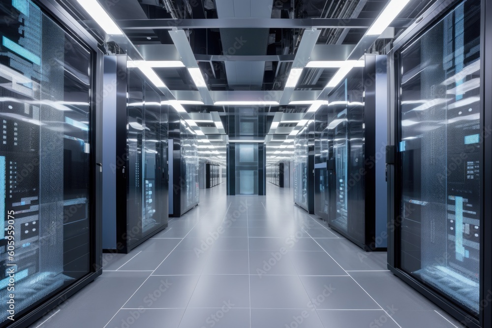 Fototapeta premium data center in futuristic, high-tech setting with glass walls and sleek metal accents, created with generative ai