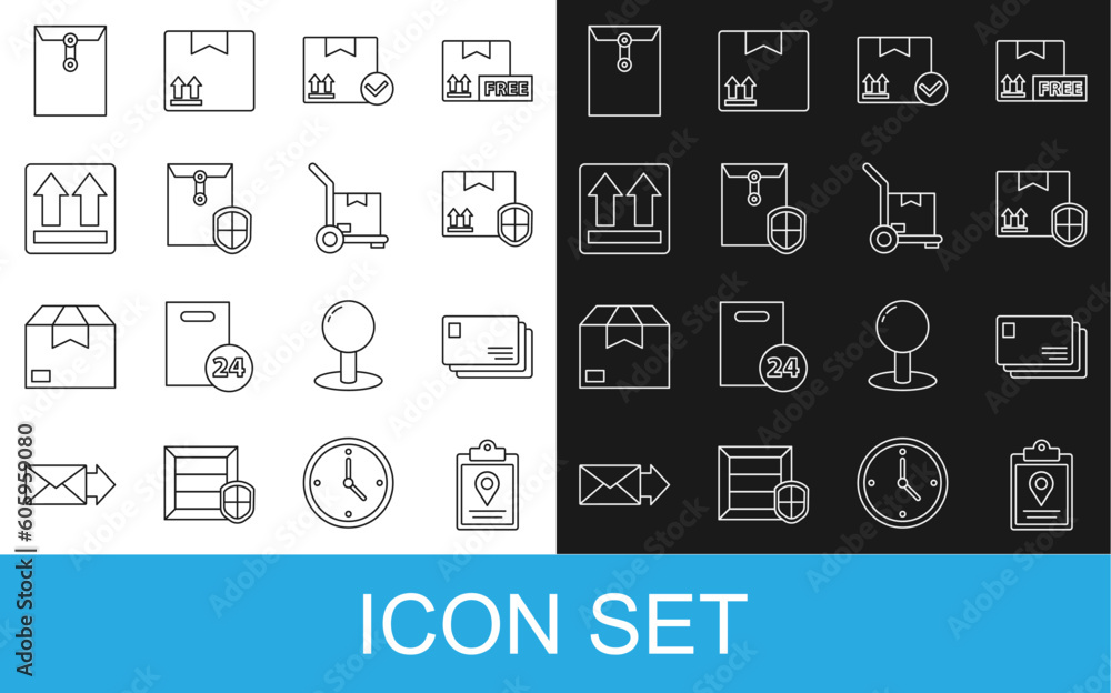 Set line Document tracking marker system, Envelope, Delivery pack security with shield, Package box check, This side up, and Hand truck and boxes icon. Vector Set line Document tracking marker system, Envelope, Delivery pack security with shield, Package box check, This side up, and Hand truck and boxes icon. Vector