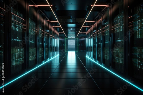 data center with endless rows of servers and blinking lights  created with generative ai
