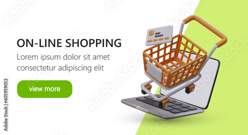 Online shopping and payment for purchases. 3D shopping cart, laptop, credit card. Convenient way to buy what you need through app. Reservation of goods. Advertising template in cartoon style