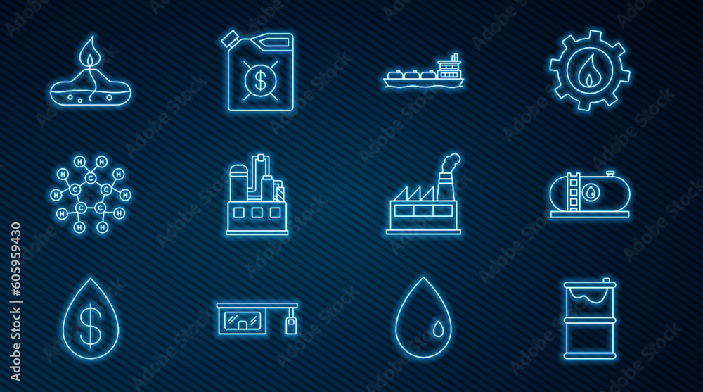 Set line Barrel oil leak, Oil industrial factory building, tanker ship, Molecule, Alcohol spirit burner, and Canister for motor machine icon. Vector Set line Barrel oil leak, Oil industrial factory building, tanker ship, Molecule, Alcohol spirit burner, and Canister for motor machine icon. Vector