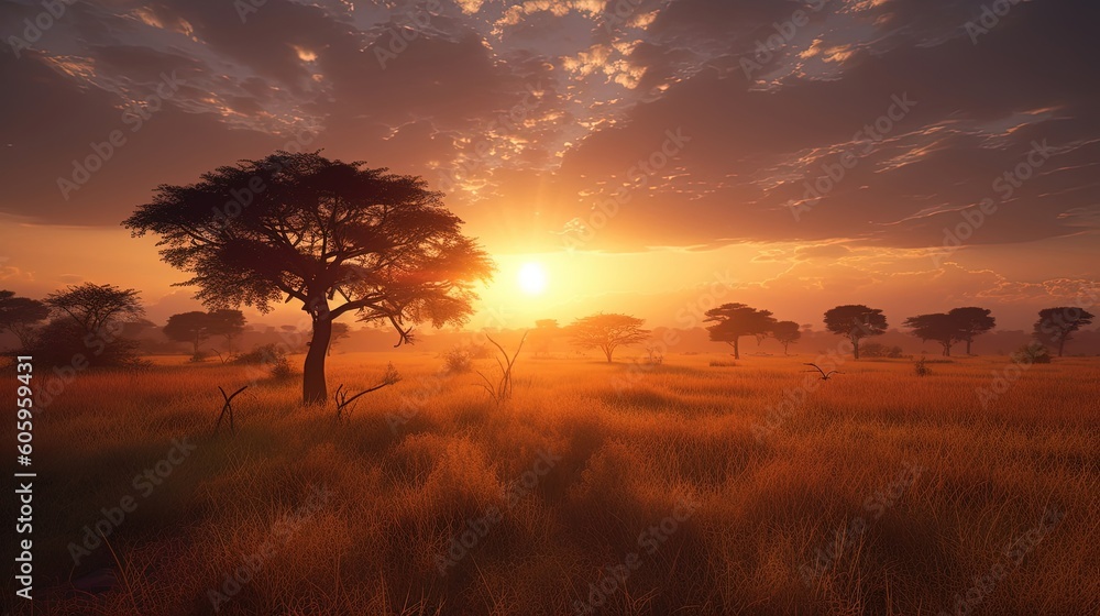 Start your day in awe as the sun peeks above the horizon, casting a warm glow over the African savanna. Generated by AI.