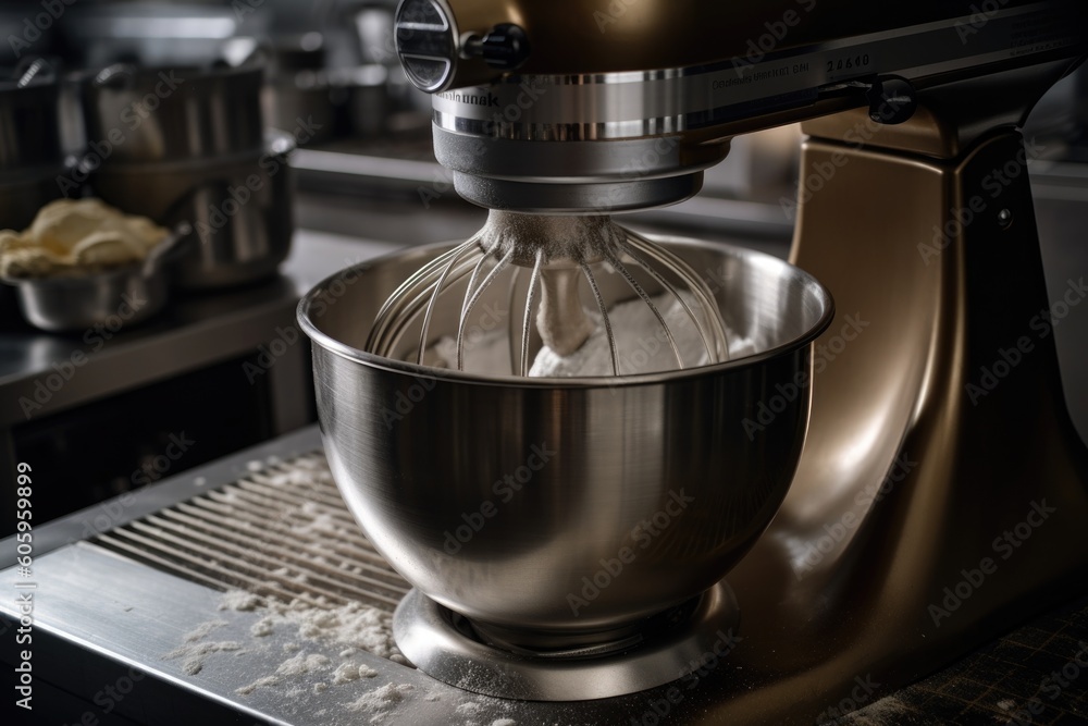 close-up of commercial mixer and processor, with mixing paddle in motion, created with generative ai close-up of commercial mixer and processor, with mixing paddle in motion, created with generative ai