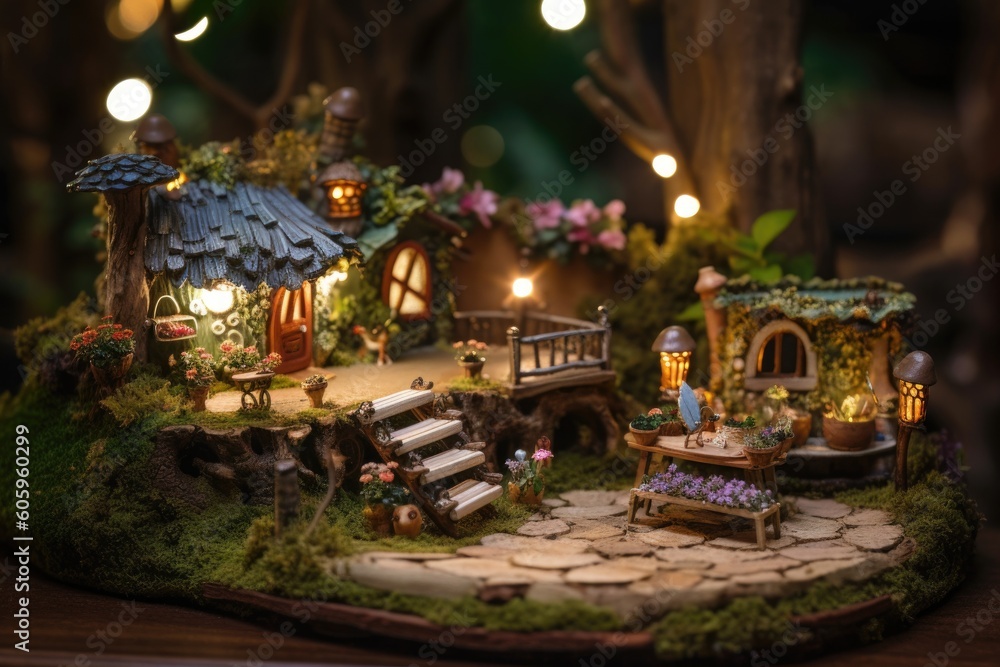 Fototapeta premium fairy garden with whimsical structures and magical elements, including glittering lights and miniature figurines, created with generative ai