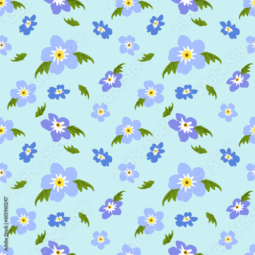 Hydrangeas floral seamless pattern on blue background.