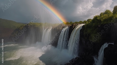 Immerse yourself in the enchanting allure of a stunning 8K rainbow casting its radiant hues over a magnificent waterfall. Generated by AI.