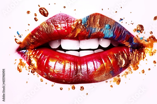 woman's mouth with open lips painted with multicolored paint with splashes. Artistic makeup poster. Generative AI