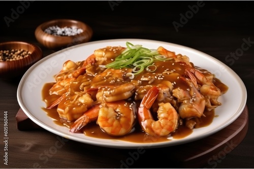 plate of chicken and shrimp, cooked in delicate sauce with ginger and sesame, created with generative ai