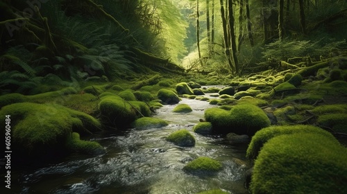 Embark on a visual journey through a magical mossy forest with captivating 8K footage of a babbling stream. Generated by AI.