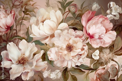 wallpaper peony flower watercolor delicate design fashion background leaf seamless illustration. Generative AI.
