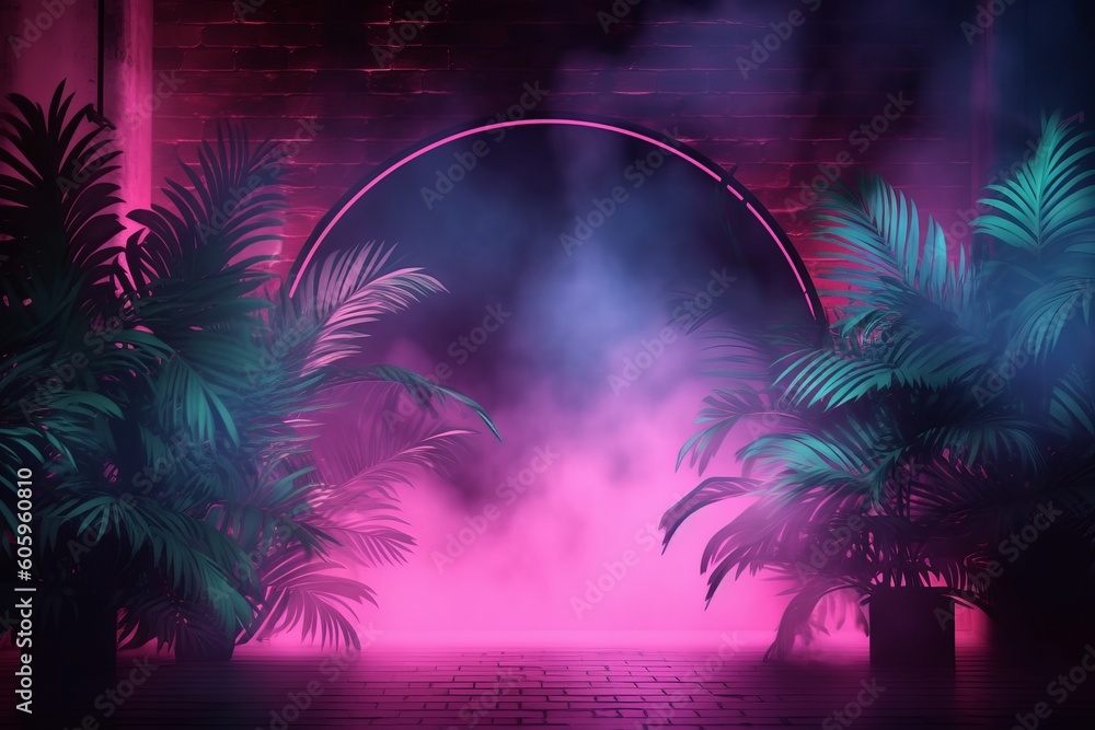 Naklejka premium Unleashing Creativity: Transforming an Empty Room with Brick Walls and Neon Lights into a Tropical Oasis with Colorful Smoke and Silhouettes of Leaves, Generative AI.