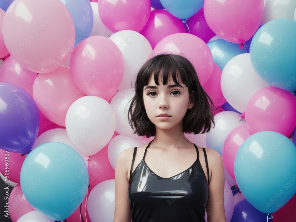 A picture of a young woman with balloons volume two created with generative ai, ki