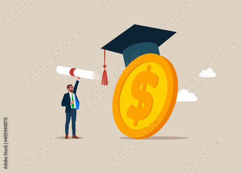 Big dollar coin wearing academic graduation mortarboard hat. Payment for education. Tuition fees, scholarship. Businessman student with diploma. Vector illustration