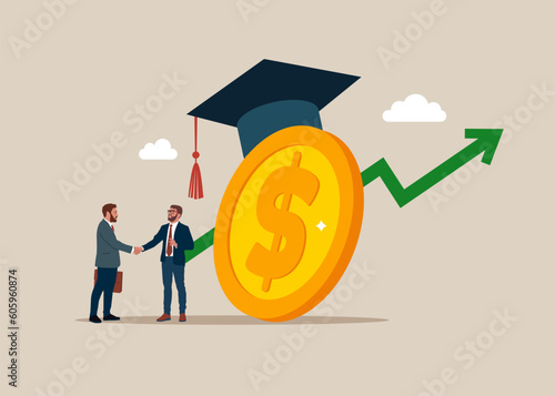 Two businessmen with big dollar coin wearing academic graduation mortarboard hat. Payment for education. Tuition fees, scholarship. Businessman student with diploma. MBA. Vector illustration