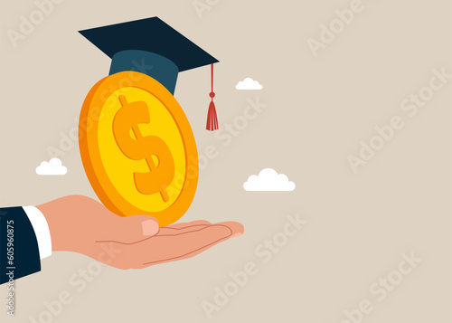 Hand holding big dollar coin wearing academic graduation mortarboard hat. Payment for education. Tuition fees, scholarship. MBA. Vector illustration