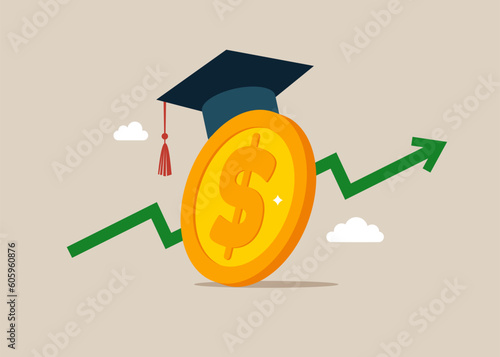 Education is getting more expensive. Good rating, positive reviews, prestigious university. Payment for education. Tuition fees, scholarship. Dollar coin wearing academic graduation mortarboard hat.