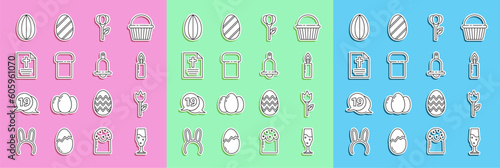 Set line Wine glass, Flower tulip, Burning candle, Easter cake, Greeting card with Happy, egg and Ringing bell icon. Vector