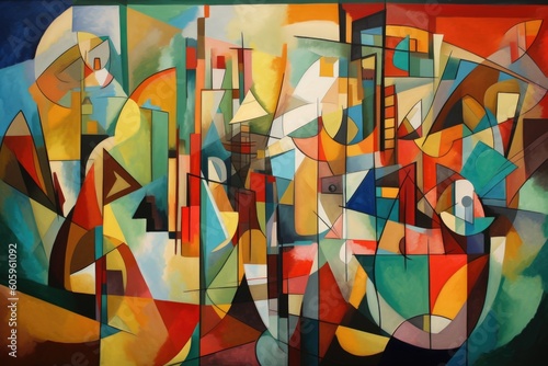 cubism-inspired piece, depicting series of abstract shapes and colors, created with generative ai