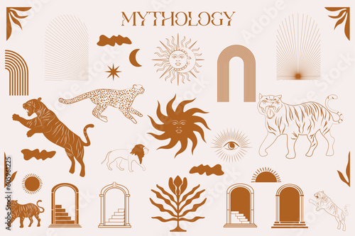 Collection of mythology elements. Wild animals, arch, abstract elements, moon and sun. Mystical collection. Editable vector illustration.