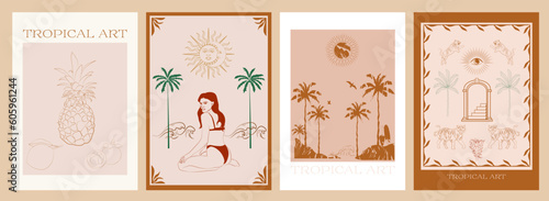 Collection of Retro Tropical posters. Summer Poster template with exotic plant, flowers, fruits and woman face and body. Interior posters set. Inspiration posters. Editable vector illustration.