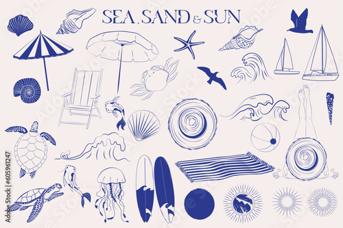 Sea life, beach items and sun collection in sketch style. Summer icons. Editable vector illustration.