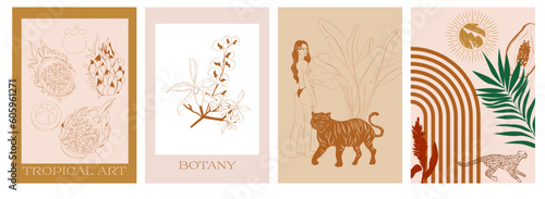 Collection of Retro Tropical posters. Summer Poster template with exotic plant, flowers, fruits and woman face and body. Interior posters set. Inspiration posters. Editable vector illustration.