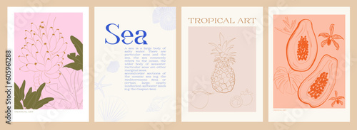Collection of Retro Tropical posters. Summer Poster template with exotic plant, flowers, fruits and woman face and body. Interior posters set. Inspiration posters. Editable vector illustration.