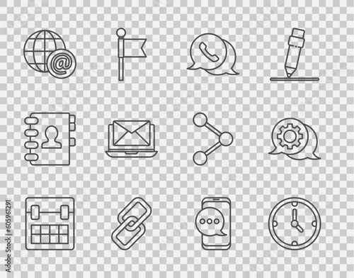 Set line Calendar, Clock, Telephone with speech bubble chat, Chain link, Earth globe mail, Laptop envelope, Chat messages notification and Speech icon. Vector