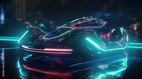 Immerse yourself in the adrenaline fueled world of futuristic hovercraft racing, where sleek vehicles glide effortlessly above the ground, illuminated by neon lights. Generated by AI.