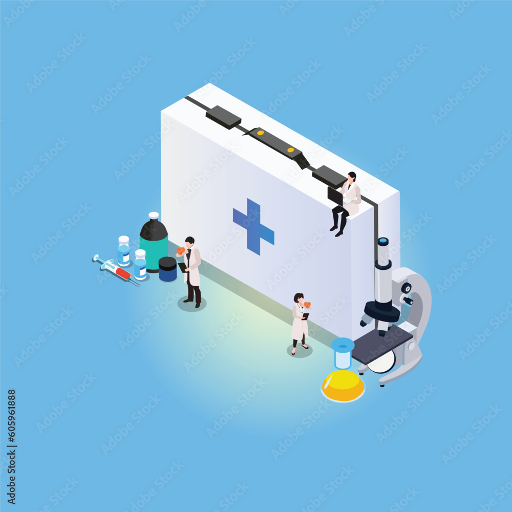 Tiny doctors or scientist with huge first aid kit and microscope isometric 3d vector illustration concept for banner, website, illustration, landing page, flyer, etc.