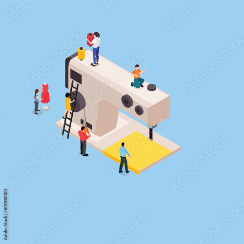 Dressmakers Create Outfit and Apparel on Sewing Machine, Fashion Design isometric 3d vector illustration concept for banner, website, illustration, landing page, flyer, etc.
