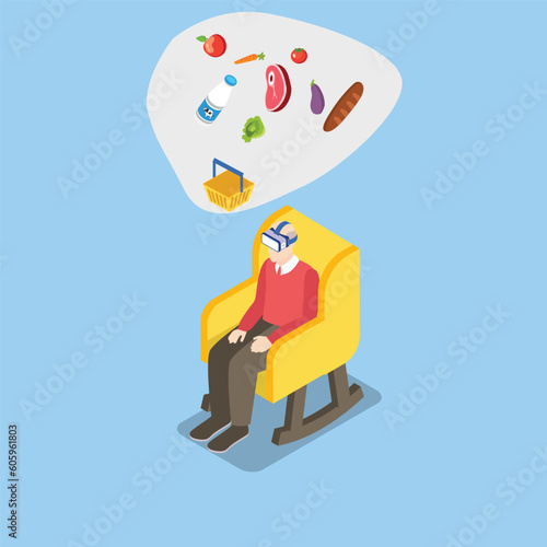 Old man in virtual reality glasses ordering food in mobile app on smartphone screen vr isometric 3d vector illustration concept for banner, website, illustration, landing page, flyer, etc.