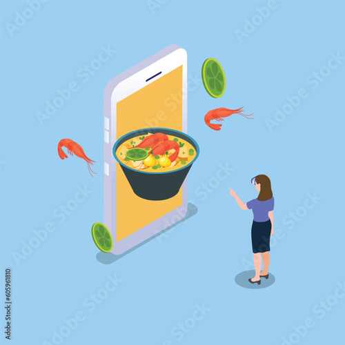 woman wearing VR goggle having 3d experience ordering food online isometric 3d vector illustration concept for banner, website, illustration, landing page, flyer, etc.