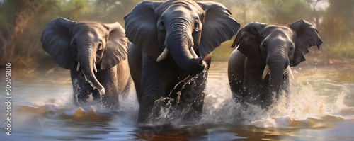 Three Joyful Elephants Frolicking in Water - Wildlife Fun and Play Concept