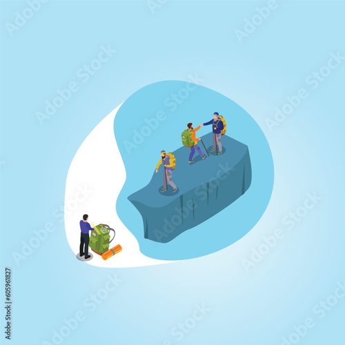 active outdoor lifestyle, climb mountain peak, summer travel isometric 3d vector illustration concept for banner, website, illustration, landing page, flyer, etc.