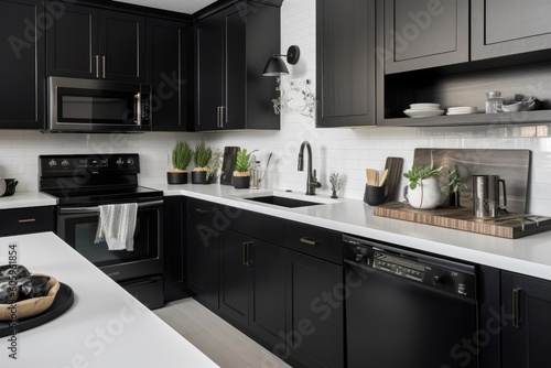 decluttered kitchen with sleek black appliances, white countertops, and glass mixing bowls, created with generative ai