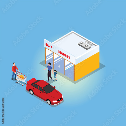 Family shopping in a 24 hours open store isometric 3d vector illustration concept for banner, website, illustration, landing page, flyer, etc.