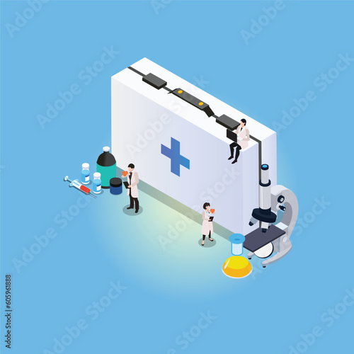 Tiny doctors or scientist with huge first aid kit and microscope isometric 3d vector illustration concept for banner, website, illustration, landing page, flyer, etc.