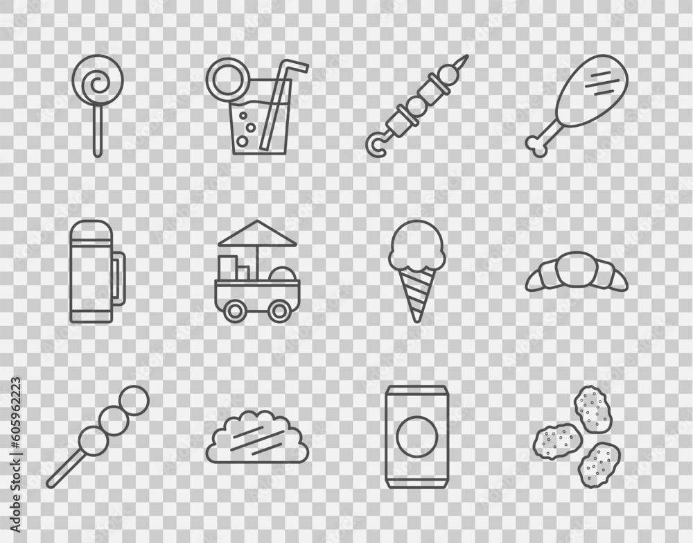 Set line Meatballs on wooden stick, Chicken nuggets, Grilled shish kebab, Taco with tortilla, Lollipop, Fast street food cart, Soda can straw and Croissant icon. Vector Set line Meatballs on wooden stick, Chicken nuggets, Grilled shish kebab, Taco with tortilla, Lollipop, Fast street food cart, Soda can straw and Croissant icon. Vector